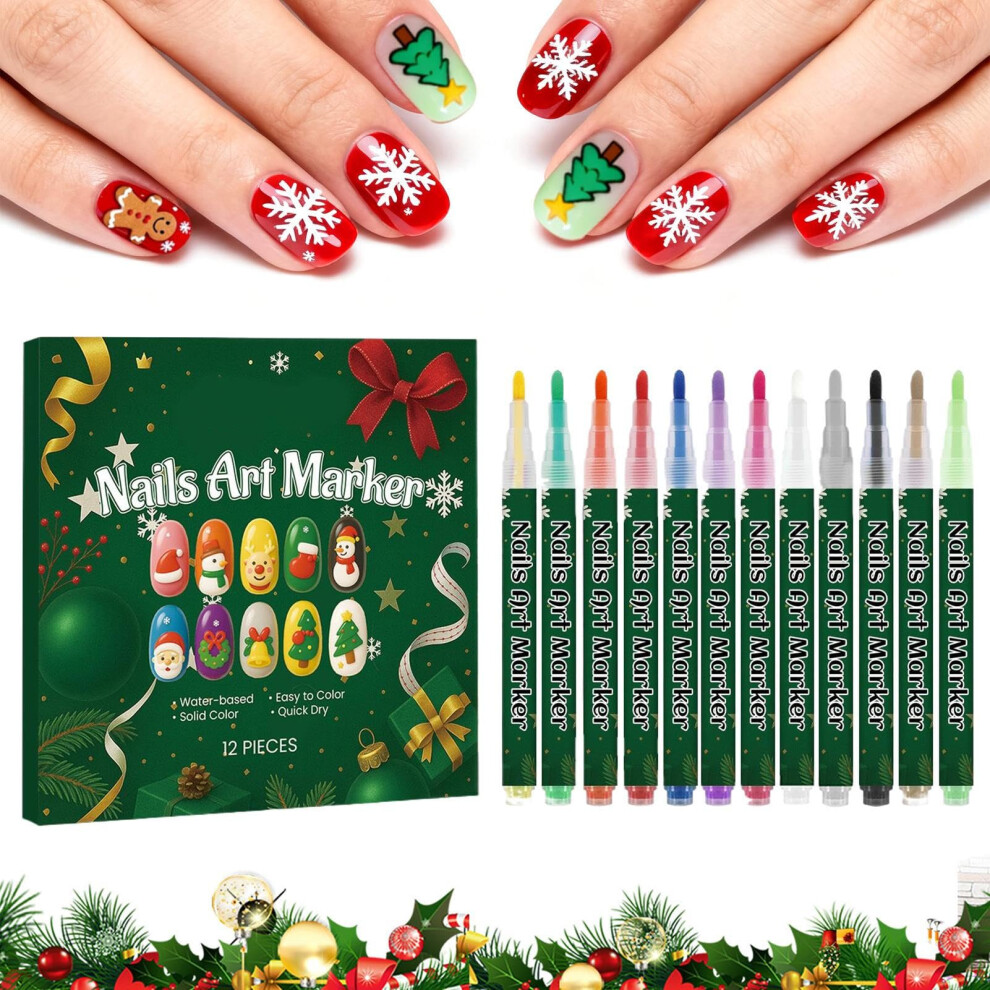 12 Colors Christmas Nail Art Pens 0.6mm Fine Tip Quick Dry Markers for DIY and Salon Designs