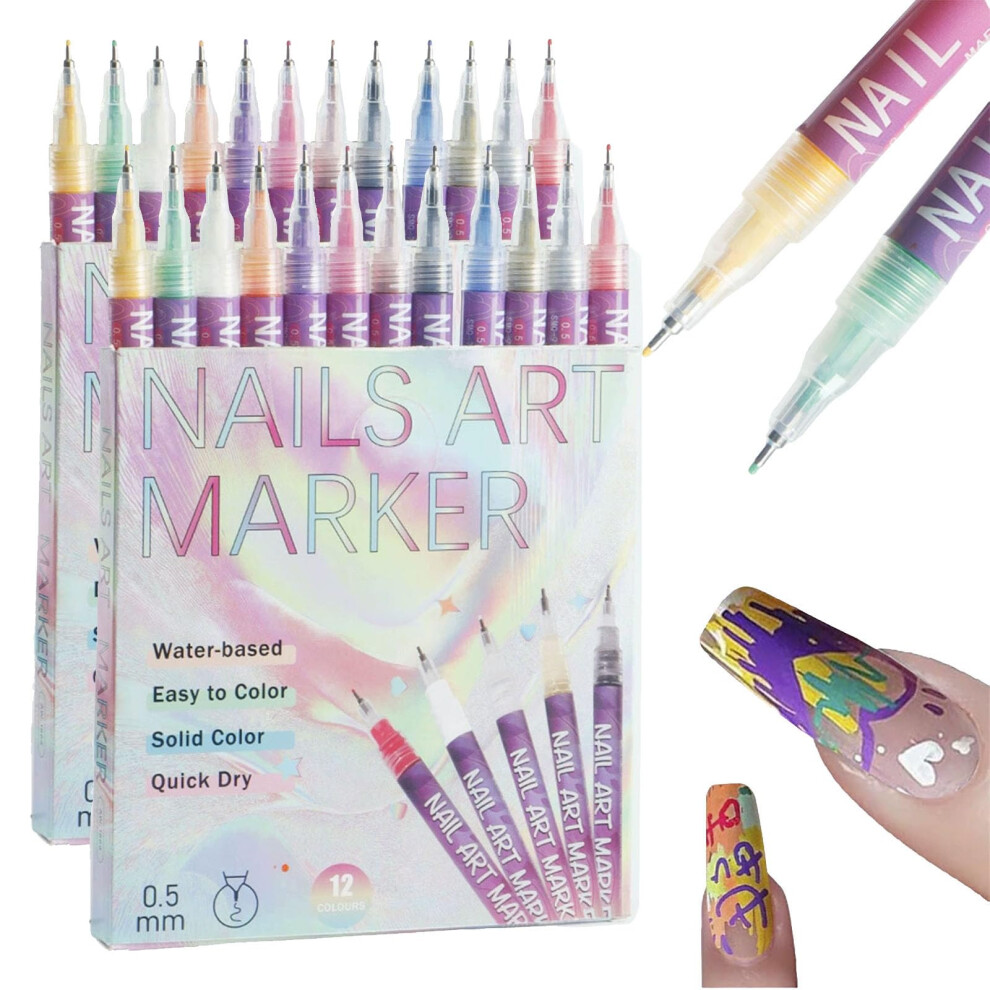 12 Colors Nail Art Pens Set with UltraFine Tip, QuickDry Polish Markers for DIY Nail Design