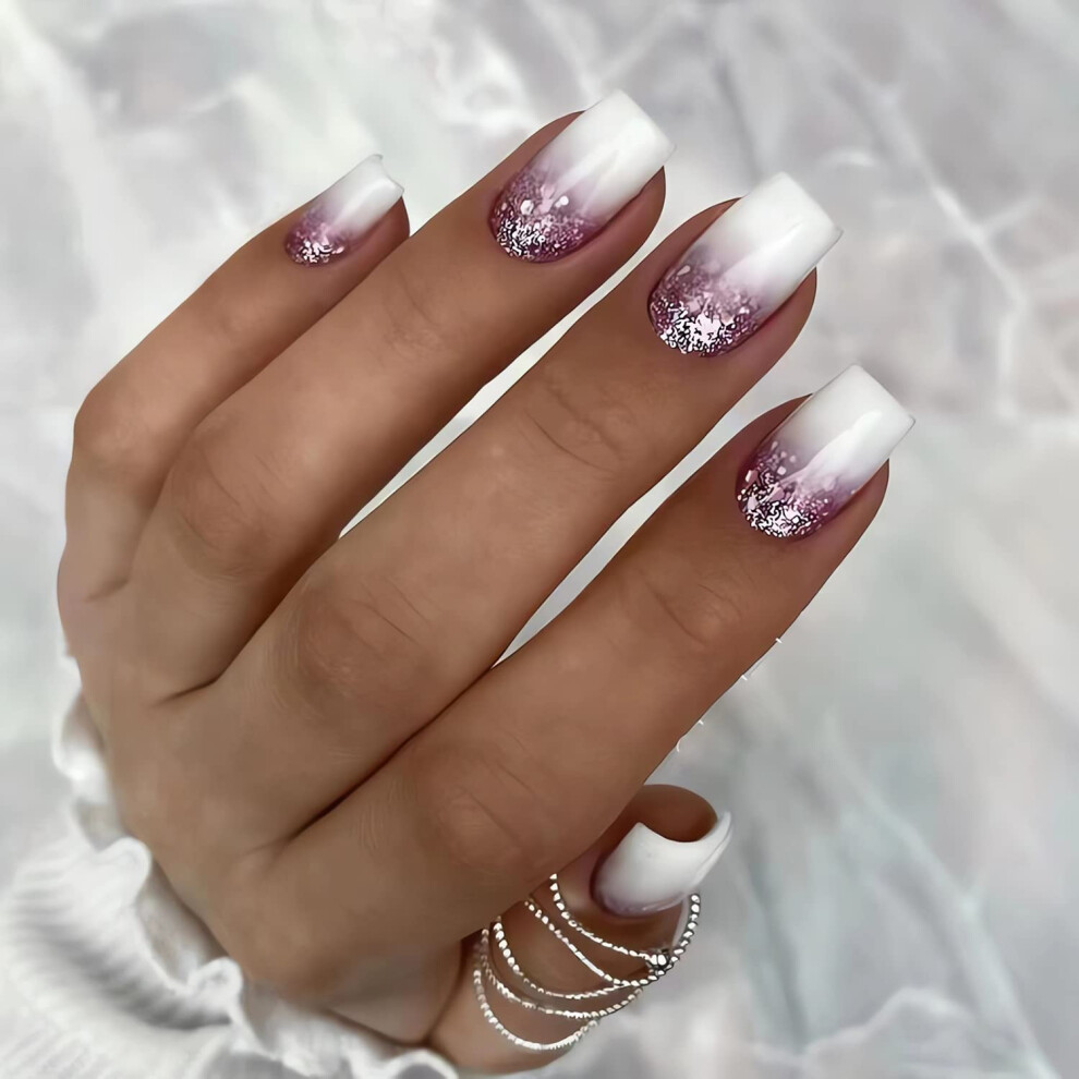 Short Press On Nails for Women Purple White Gradient Acrylic Fake Nails Reusable Salon Finish 24Pcs