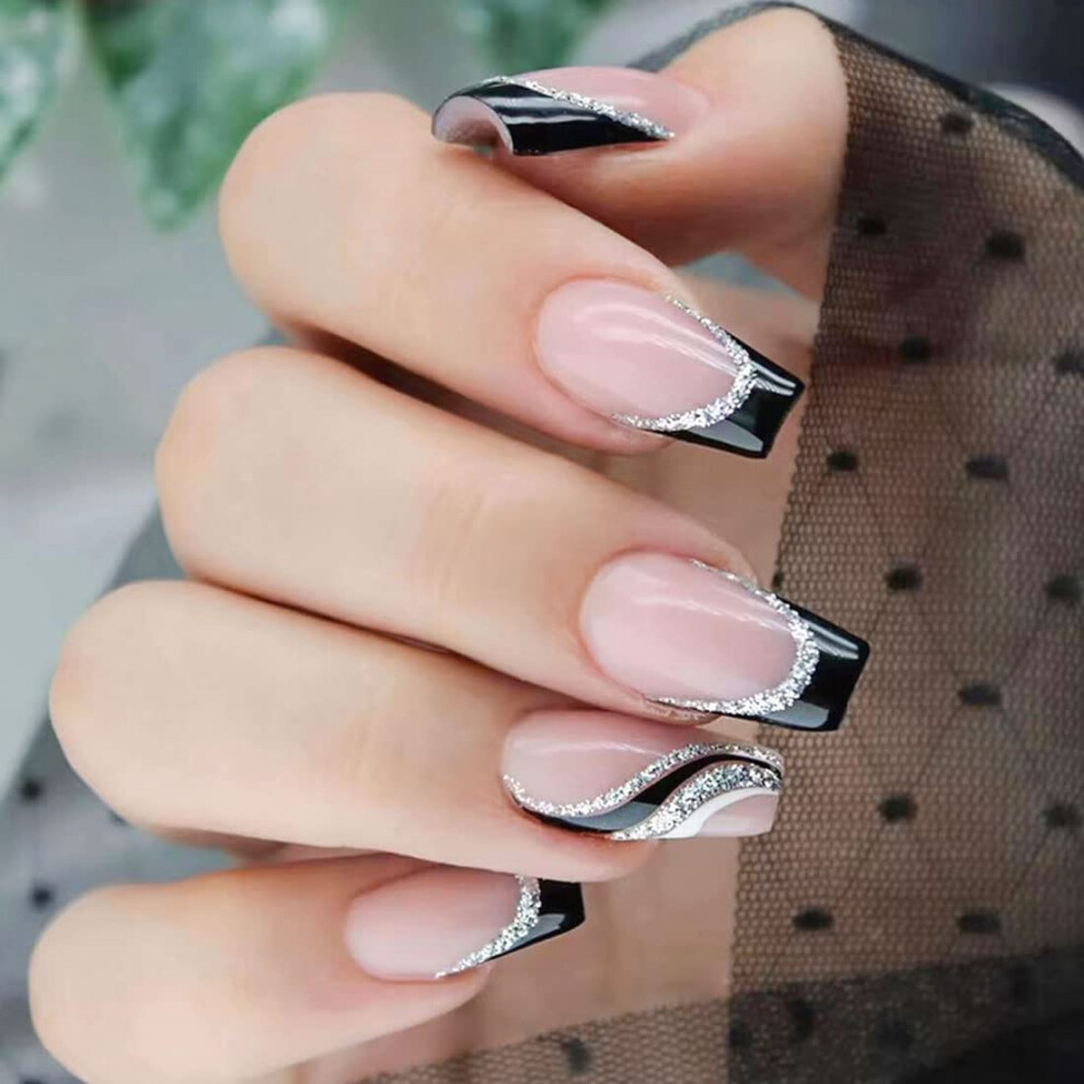 24PCS Nude Pink Coffin Press on Nails with Glue, Medium Fake Nails Black French Tip Glitter Design