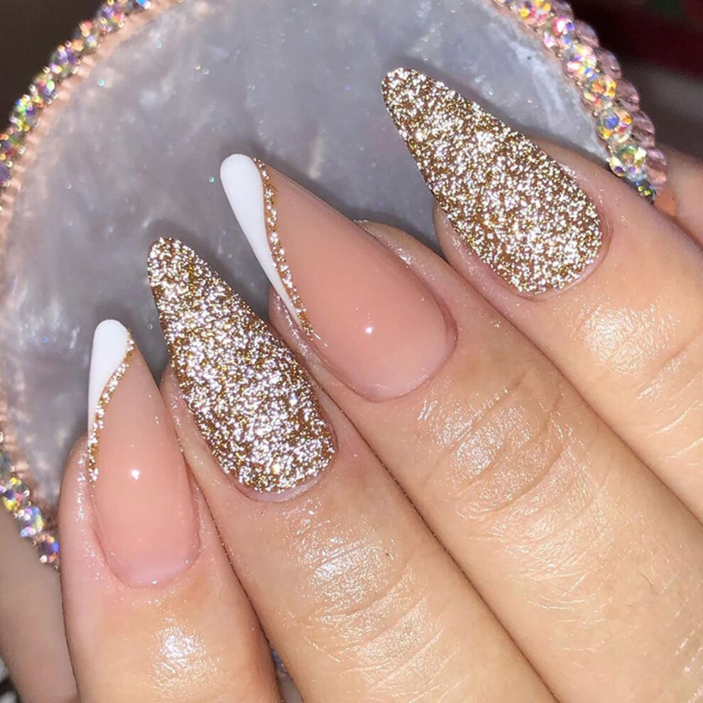 Medium Almond Press On Nails Reflective Glitter French Tip Full Cover False Nails, 24 PCS