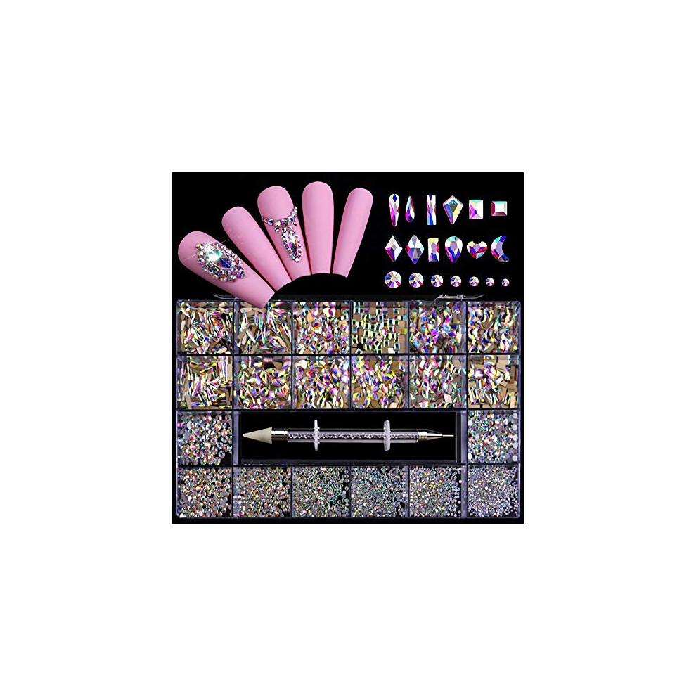 K9 Glass Nail Art Rhinestones Set 20 Styles Flatback Crystals Kit with Tweezers and Drill Pen