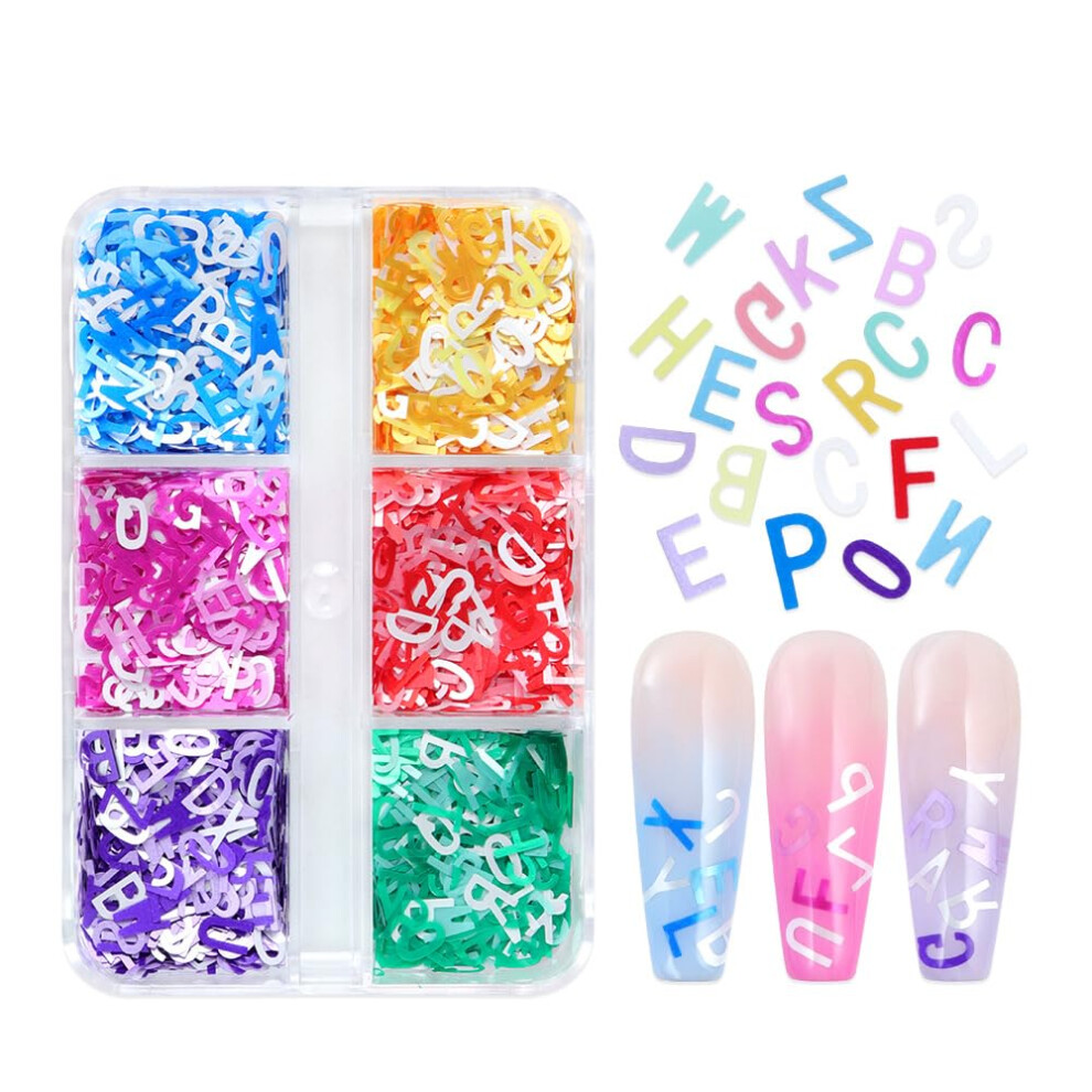 Nail Art Glitter Alphabet Sequins 6 Colors Holographic AZ Flakes for Acrylic Nails DIY Decor