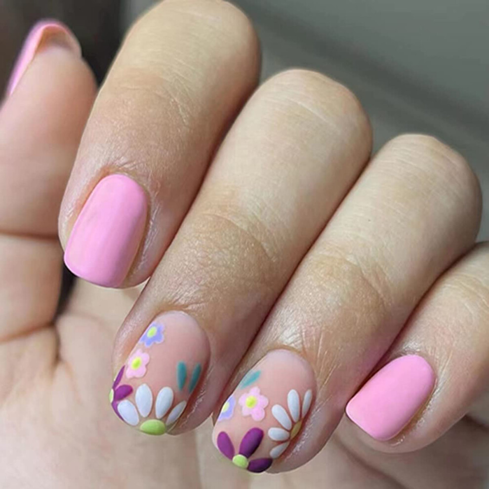24pcs Short Square Press On Nails with Spring Floral Design, Reusable Full Coverage Fake Nails
