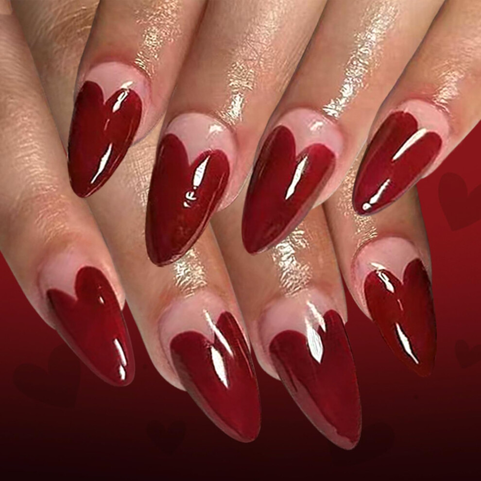 Red Valentine Almond Press On Nails Set With Heart Designs French Acrylic False Nails 24Pcs