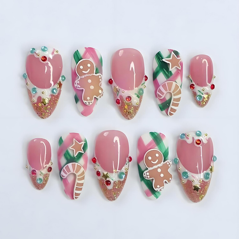 Pink Christmas Almond Press On Nails With Rhinestones Glitter Gingerbread Man Holiday Fake Nails