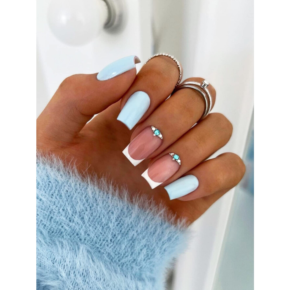 Blue Light French Tip Press On Nails Short Square False Nails With Rhinestones Glossy Finish