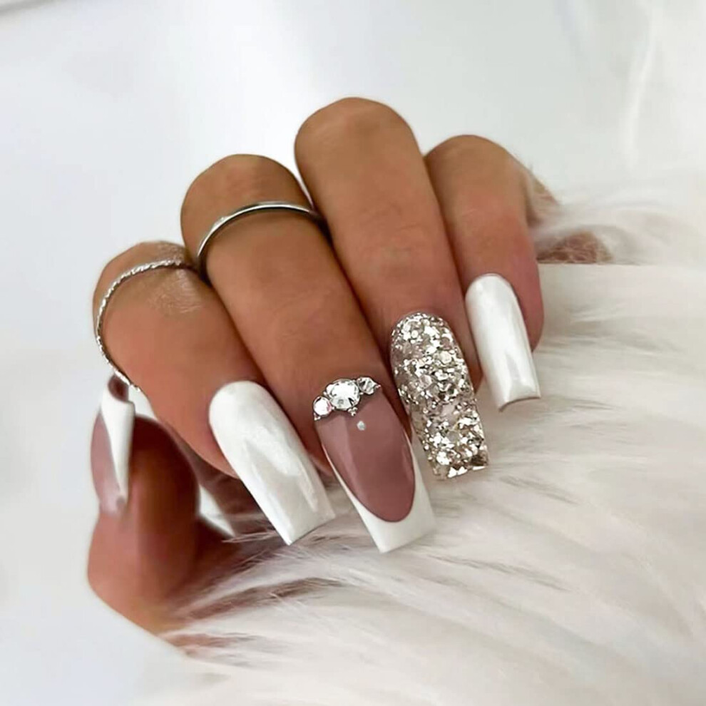 Medium Nude Pink Coffin French Tip Press On Nails Kit with Glue, Reusable Acrylic False Nails