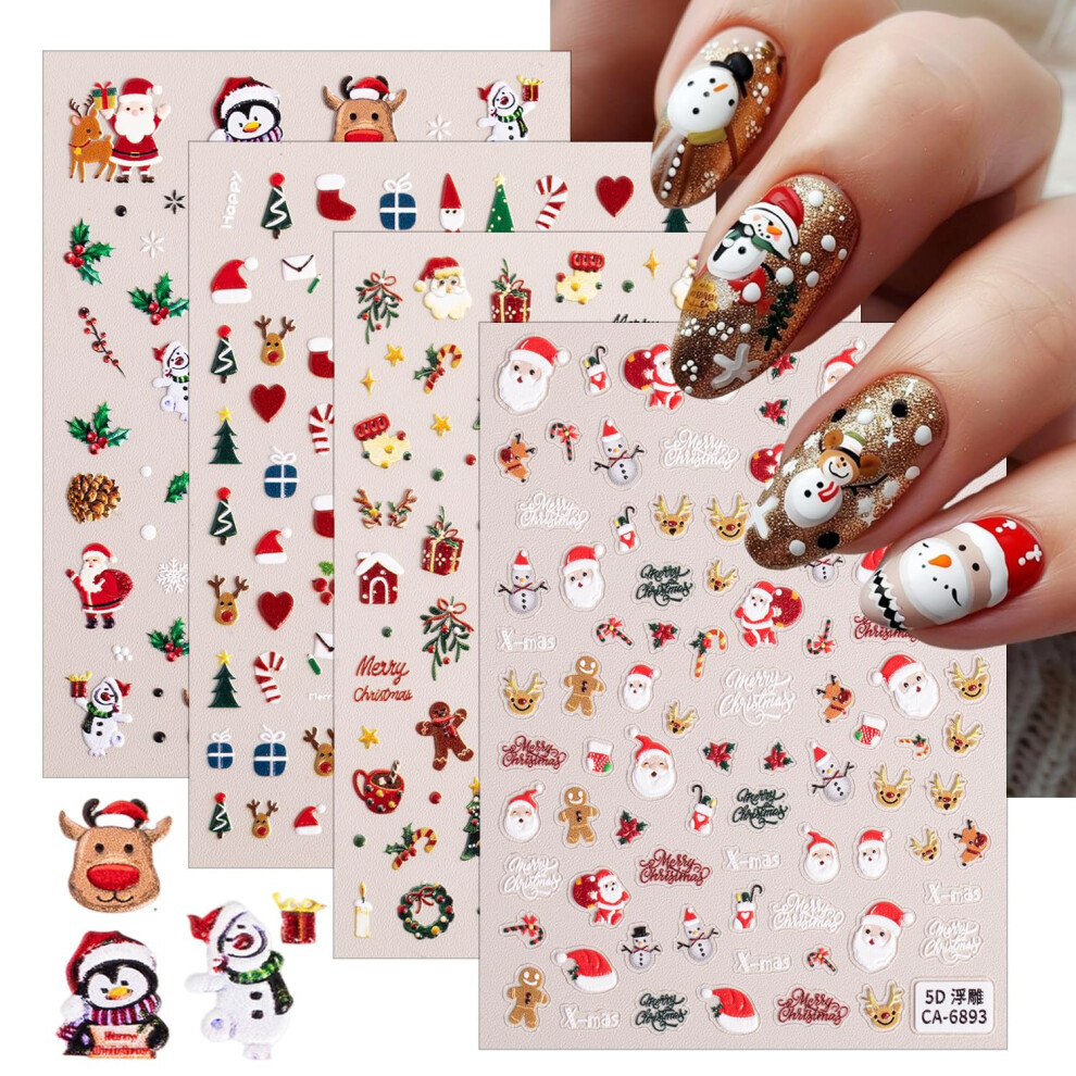Christmas Nail Stickers 5D Embossed Santa Gingerbread Reindeer Decals for Holiday Manicure