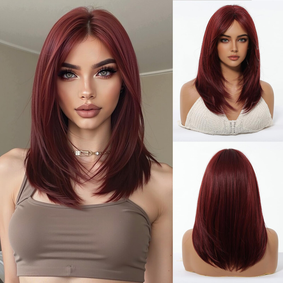 Unisex Red Women's Synthetic Glueless Wig With Bangs, Auburn 20 Inch Heat Resistant Fiber, Natural Middle Part