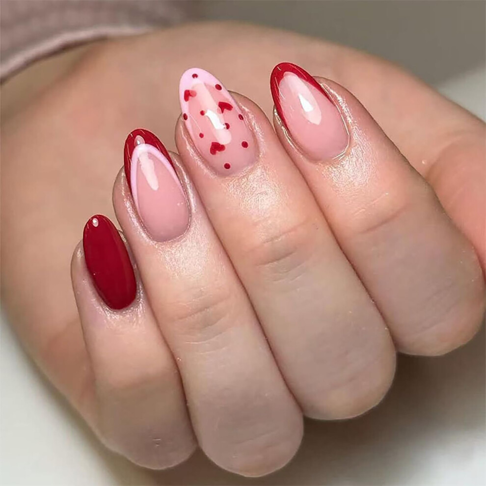Red Valentine's Day Press On Nails Short Almond Fake Nails With French Heart Design Glossy Reusable Kit