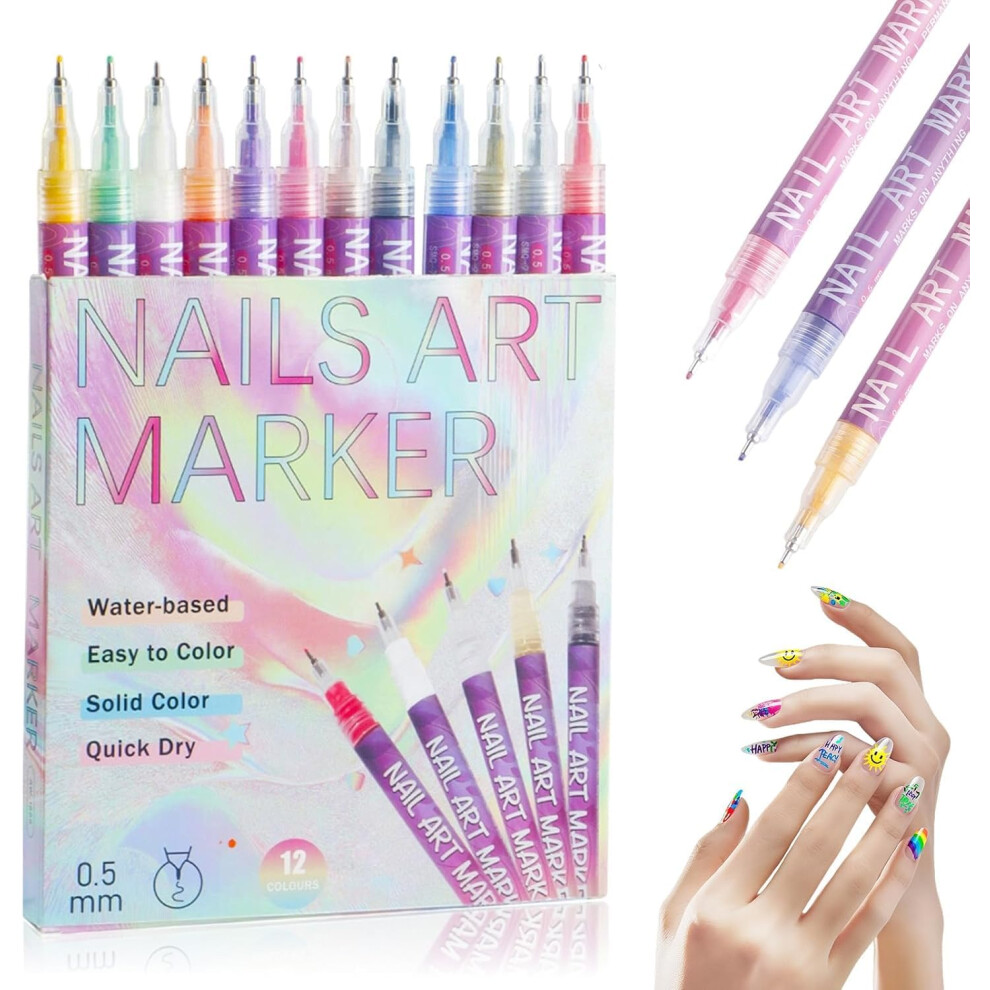 12 Colors Nail Art Pens Set with UltraFine 0.5mm Tip, QuickDry Waterproof Ink for DIY Nails