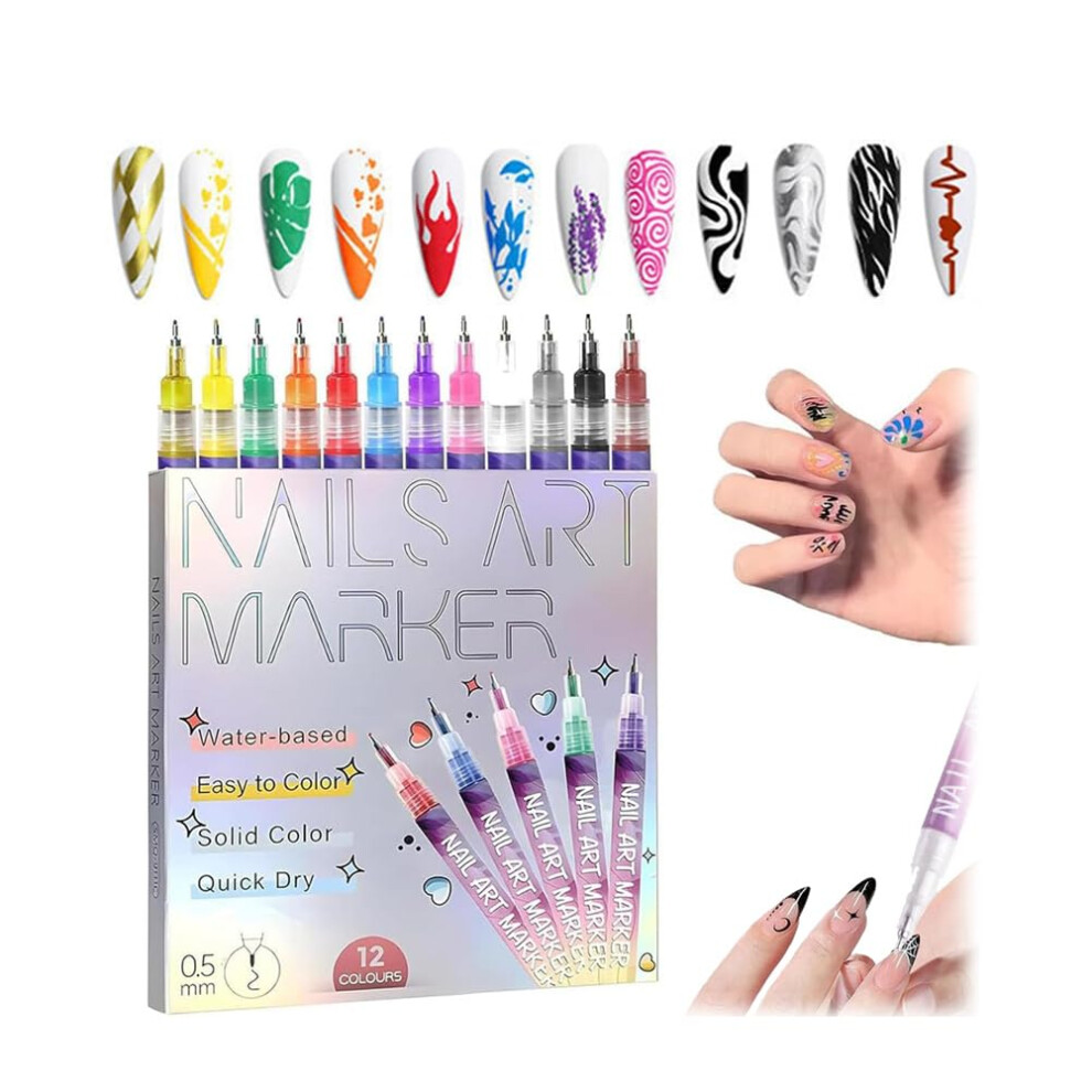 12 Color Nail Art Pens Set with Precision Applicator, Acrylic Markers for DIY and Professional Manicure