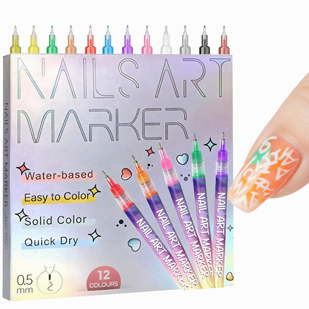 12 Colors Nail Art Pens Set with 0.5mm Fine Tip, QuickDry Waterproof Markers for Home and Salon