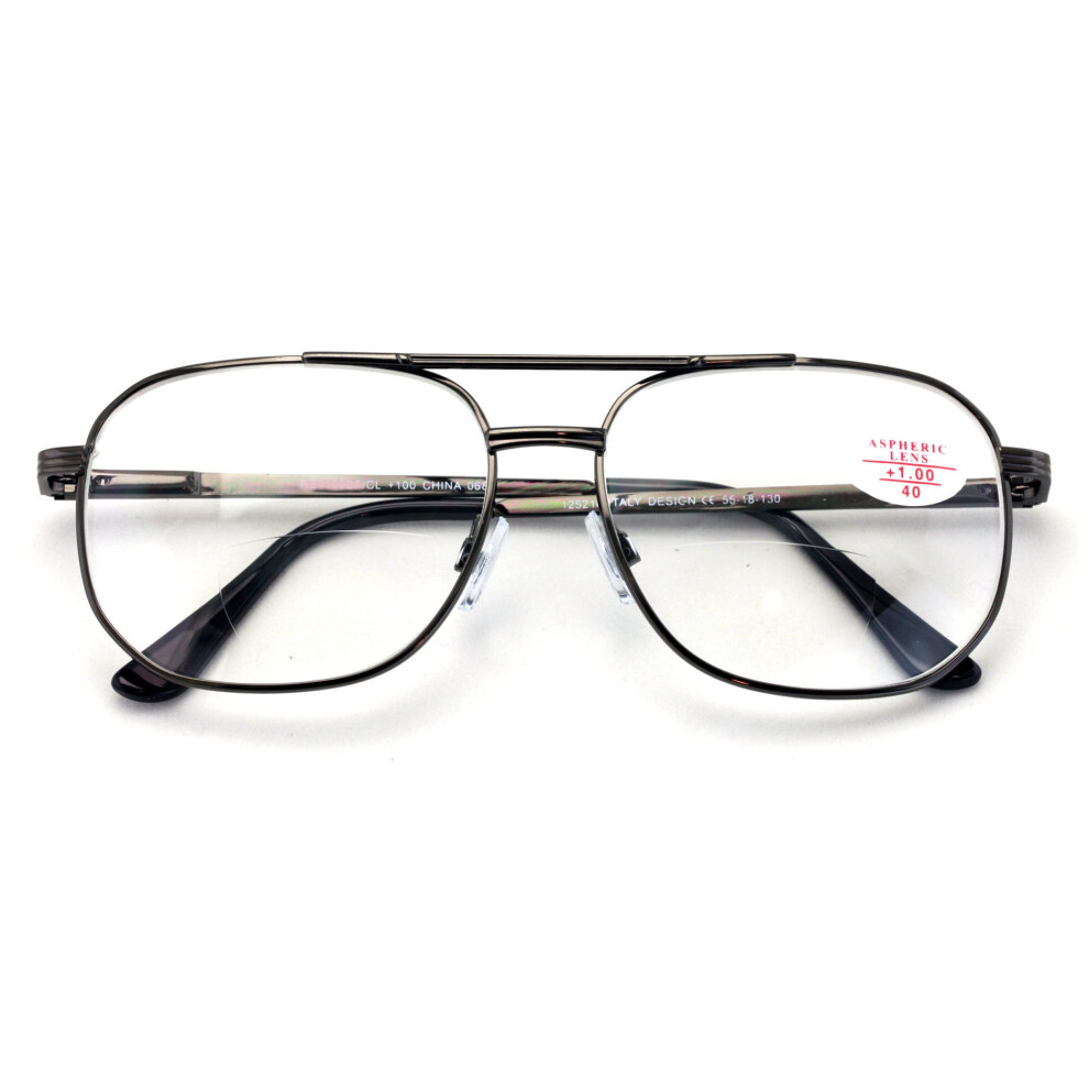 BiFocal Metal Aviator Reading Glasses - Spring Hinge Square Large Lens Reader Bi-Focal