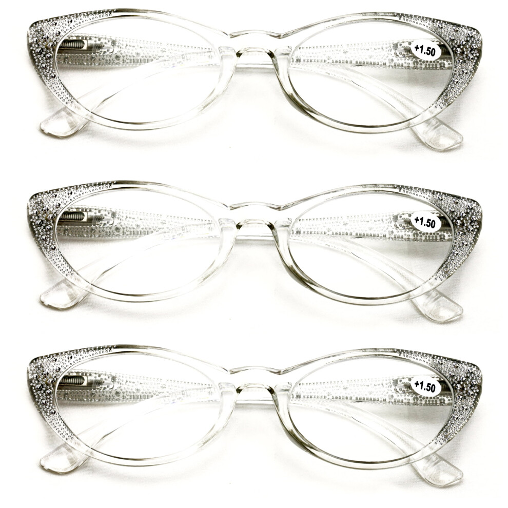 3 Pairs Women Cateye Reading Glasses Rhinestones - Stylish Comfortable Reading Glasses DR04 +1.25