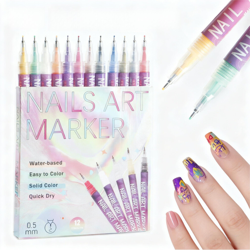 Nail Art Pens Set 12 Colors Fine Tip Precision Markers for Detailing and Manicure Design