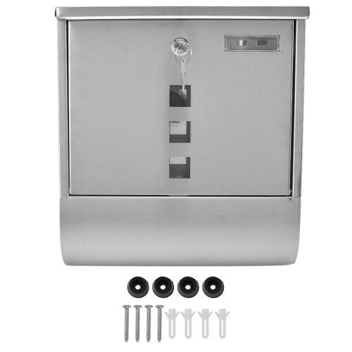 Locking Wall Mount Mailbox, Stainless Steel Mailboxes with Secure Key Lock and Newspaper Compartment, Wall Mounted Waterproof Mail Box with