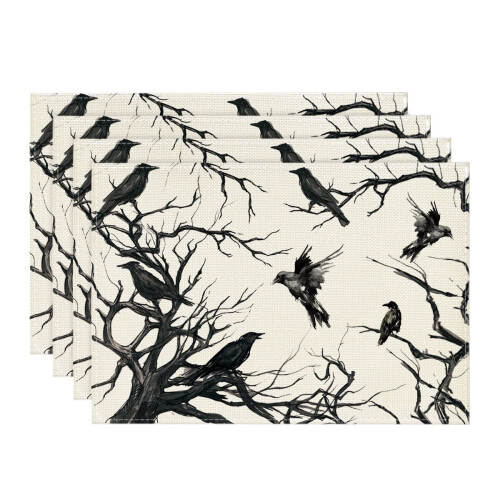 Jogo de 4 jogos americanos de Halloween com silhuetas de árvores e corvos, 30x45 cm (12x18 polegadas)
