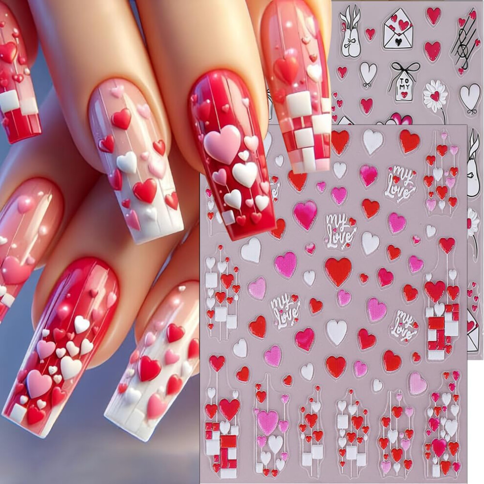 Pink/Red Valentine Nail Art Stickers 5D Embossed Hearts Selfadhesive Flower Decals For Manicure 2Pcs