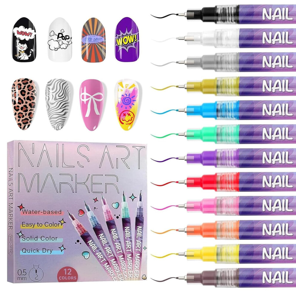 12 Colors Nail Art Pens Set with Ultrafine Precision Tip, Waterproof QuickDry Ink for DIY Designs