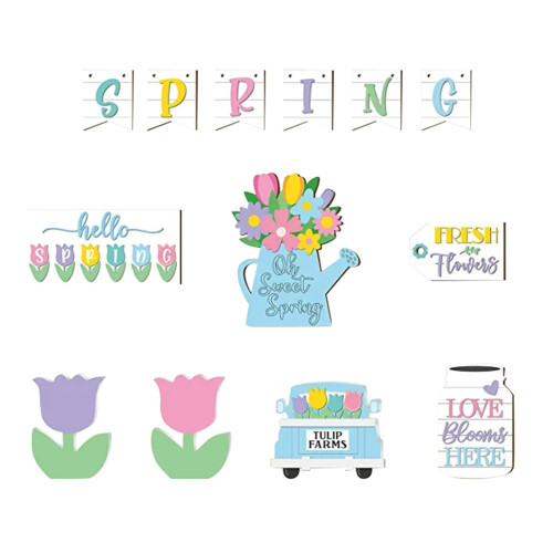 Διακοσμητικό δίσκου με επίπεδα Hello Spring, ξύλινες πινακίδες τραπεζιού με βάση, 1