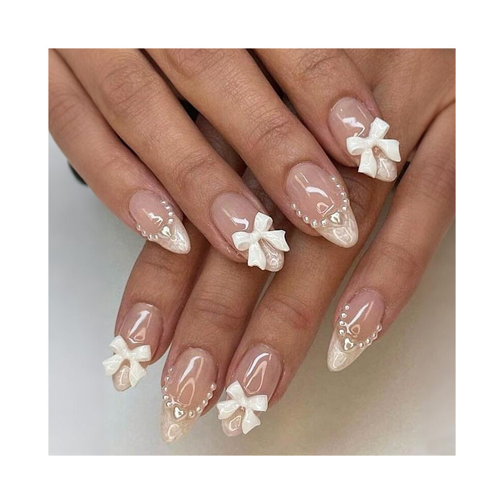Medium Almond Press On Nails with Glue, Reusable French Pearl Bow Fake Nails Set 24pcs