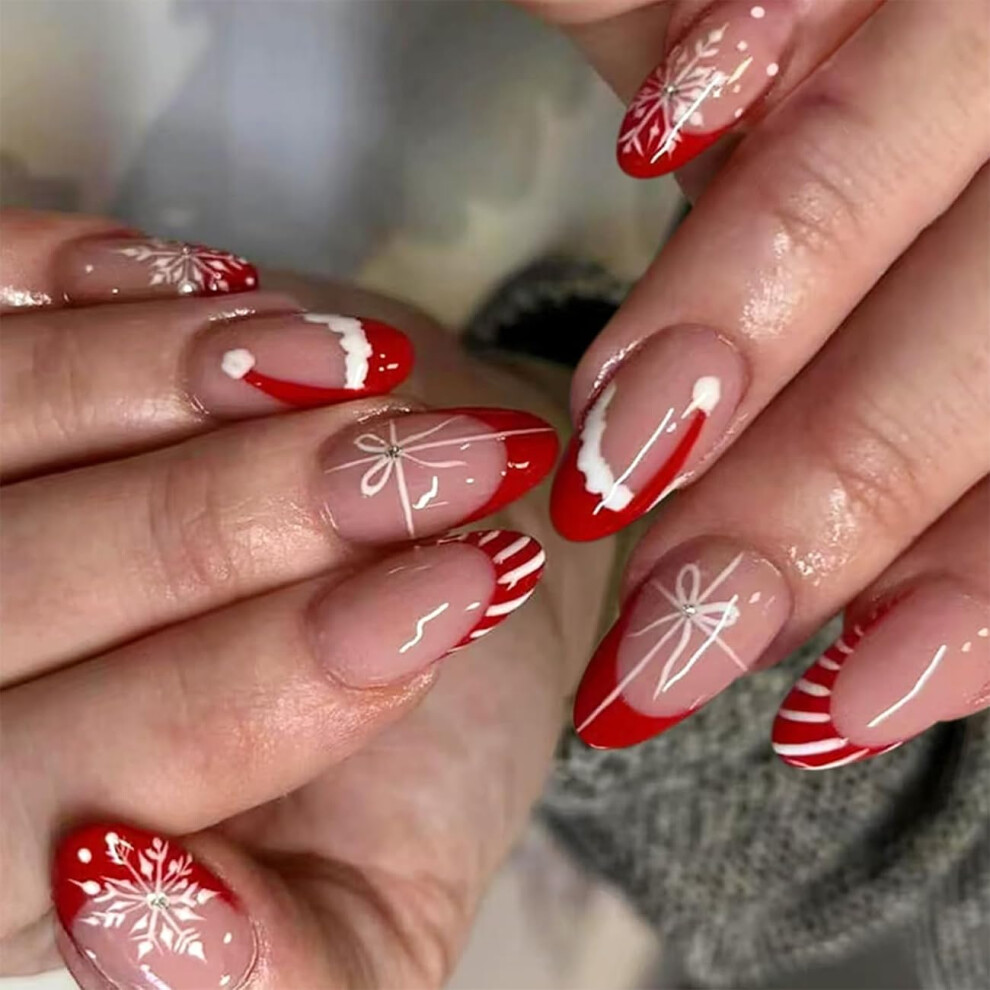 Red 24Pcs Christmas Press On Nails Stripe French Tip With Glitter Snowflakes Holiday Fake Nails