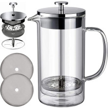 Kávovar French Press, 600 ml, dvojitá stena z nehrdzavejúcej ocele 304, borosilikátové sklo, kompatibilný s extra filtrami