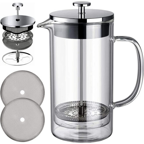 Καφετιέρα French Press, 600ml, Διπλό τοίχωμα από ανοξείδωτο ατσάλι 304, Βοροπυριτικό γυαλί,