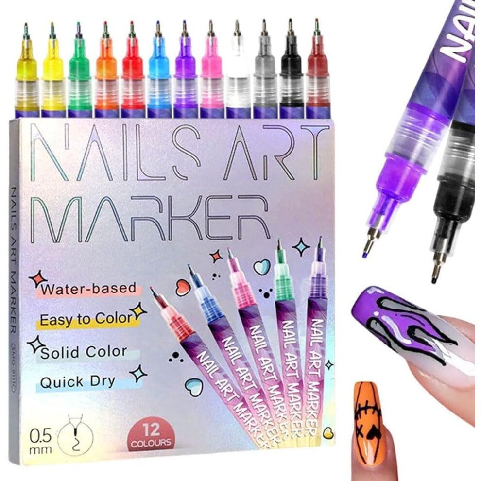 12 Colors Nail Art Pens Set with Precise 0.5mm Tip, Quick Dry Markers for DIY Manicure Drawing