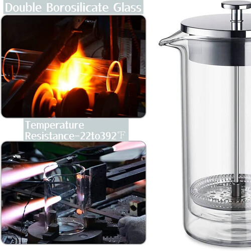 Καφετιέρα French Press, 600ml, Διπλό τοίχωμα από ανοξείδωτο ατσάλι 304, Βοροπυριτικό γυαλί, 2