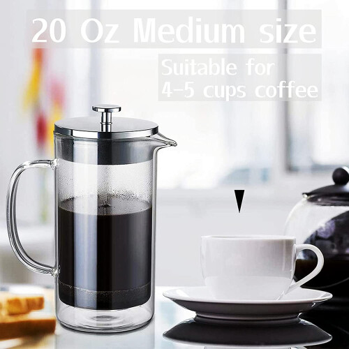 Καφετιέρα French Press, 600ml, Διπλό τοίχωμα από ανοξείδωτο ατσάλι 304, Βοροπυριτικό γυαλί, 1
