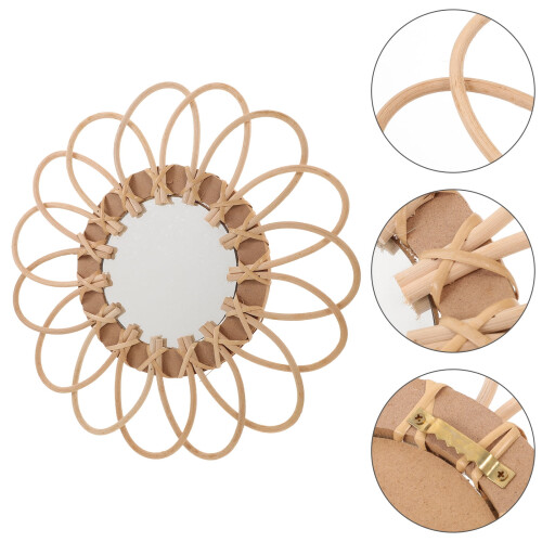 Boho Sunburst Woven Hanging Mirror - Rustic Rattan Round Makeup Decor 1
