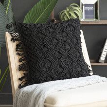 Phantoscope 100% Cotton Handmade Crochet with Tassels Boho Series Woven Checked Throw Pillow, 18" x 18", Black, 1 Pack