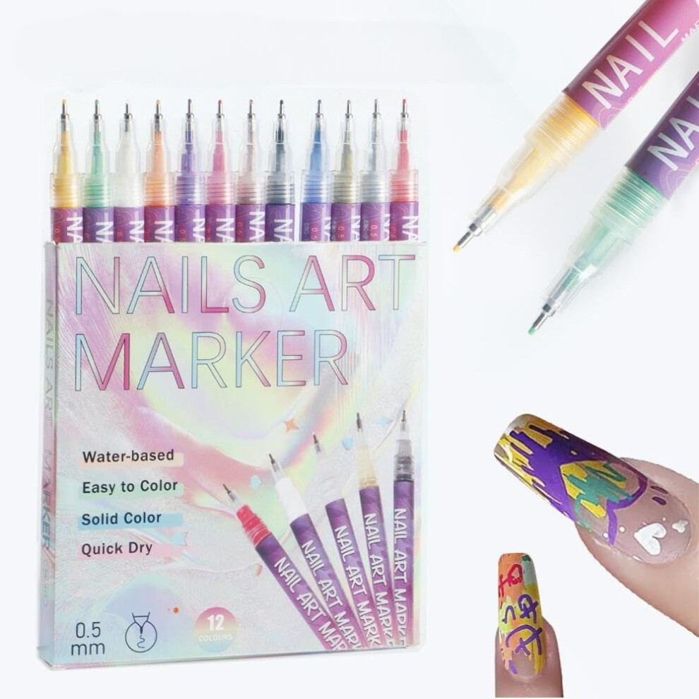 Nail Art Pens Set 12 Colors with Precision 0.5mm Tips Acrylic Nail Markers for Drawing and Painting
