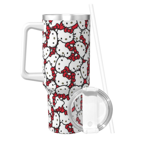 Hello Kitty Εξατομικευμένο Ποτήρι 40oz με Λαβή & Καλαμάκι - Κούπα Καφέ από Ανοξείδωτο 1