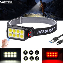 Lampada frontale a LED ricaricabile, luce COB rossa e bianca, 5 modalità, sensore di movimento, impermeabile IPX5, per campeggio, jogging, pesca