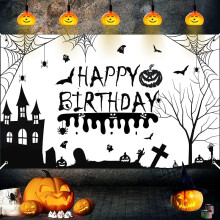 Halloween fødselsdagsbanner, sort-hvid græskar-edderkop-tema aften-slot baggrund, 71x44 tommer - kompatibel med Halloween festdekorationer