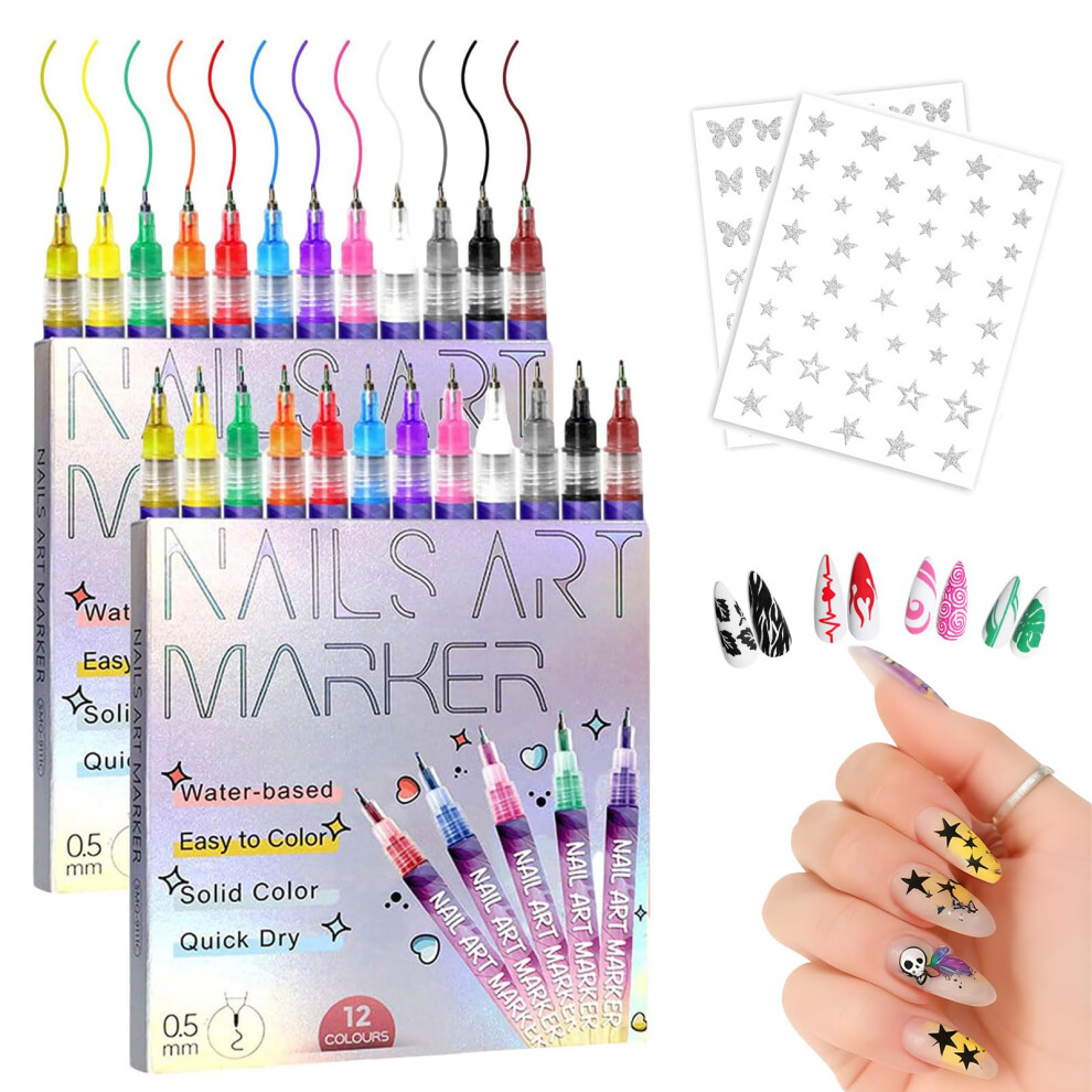 12 Color Nail Art Pen Kit with 0.5mm Fine Tip and Glitter Stickers for DIY Manicure Craft