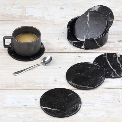 6Pcs Round Leather Coaster Set Leather Coaster PU Premium Insulation Pad 1