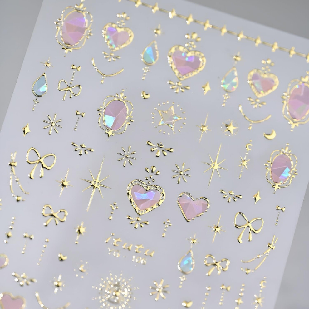 Pink/Gold Valentine Nail Art Stickers 5D Embossed Heart Moon Star Bow Aurora Selfadhesive Decals
