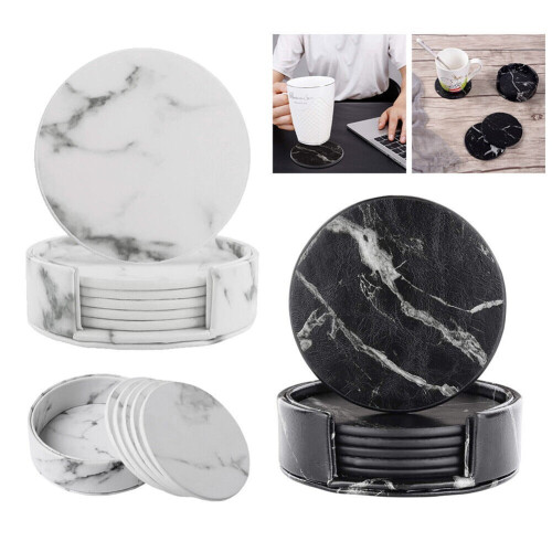 6Pcs Round Leather Coaster Set Leather Coaster PU Premium Insulation Pad 1