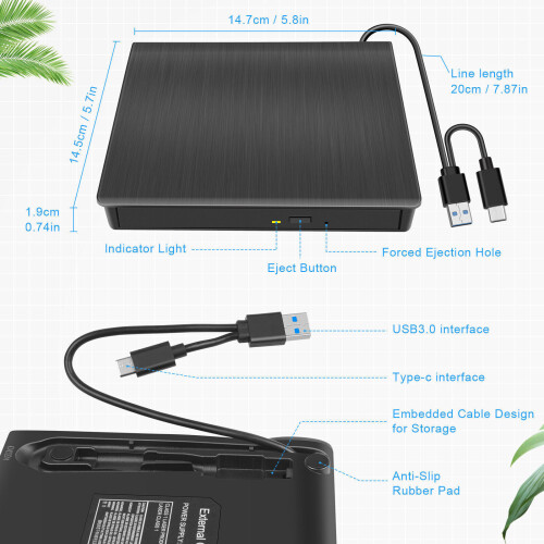 Λεπτή εξωτερική μονάδα CD DVD RW USB+Type-C Writer Burner Recorder για φορητό υπολογιστή 2