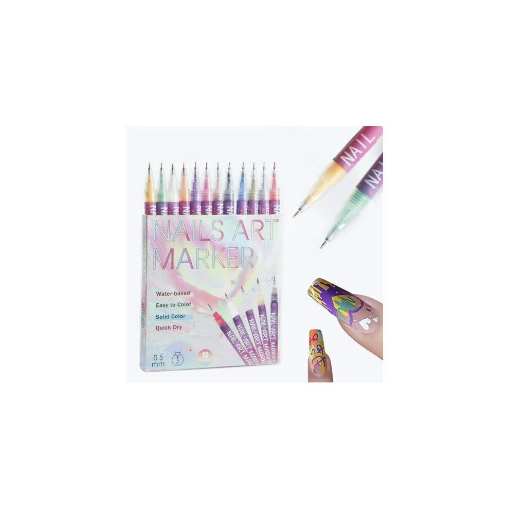 12 Colors Nail Art Pens Set with 0.5MM Precision Tip, Quick Dry DIY Nail Art Drawing Kit