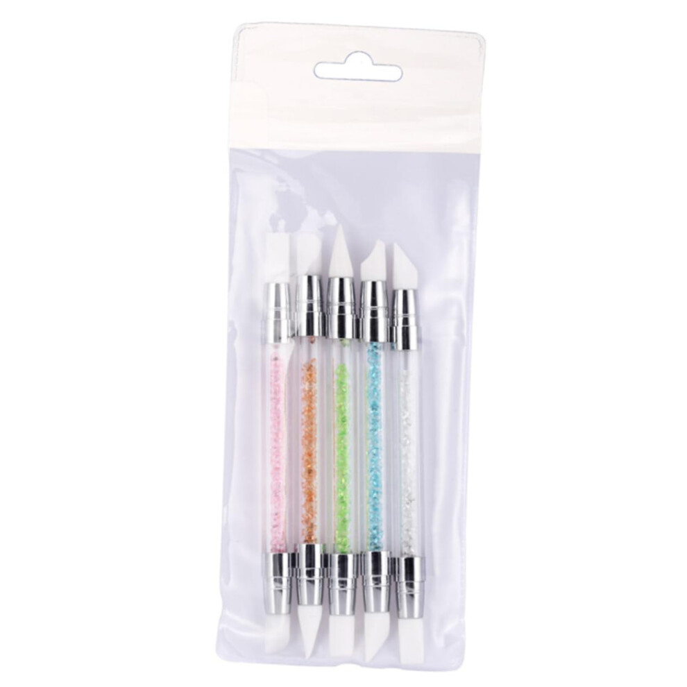 5pcs DoubleEnded Silicone Nail Art Brushes with Diamond Handle for Manicure Painting and Carving