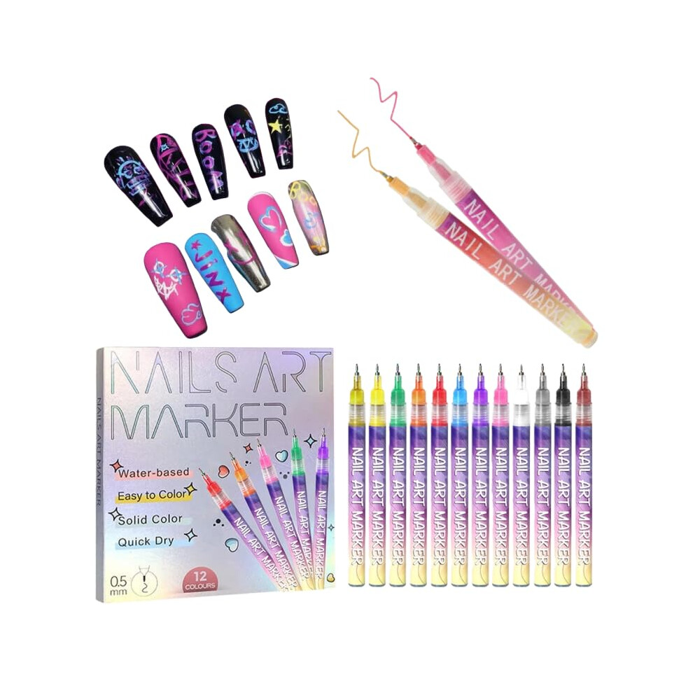 Nail Art Pens for Girls, 12 Vibrant Colors QuickDry Fine Tip Markers for DIY Nail Designs