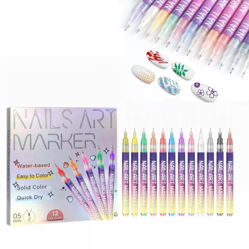 12 Colors Nail Art Pens Set with Precision 0.5mm Tip, Waterproof QuickDry Gel Nail Art Markers