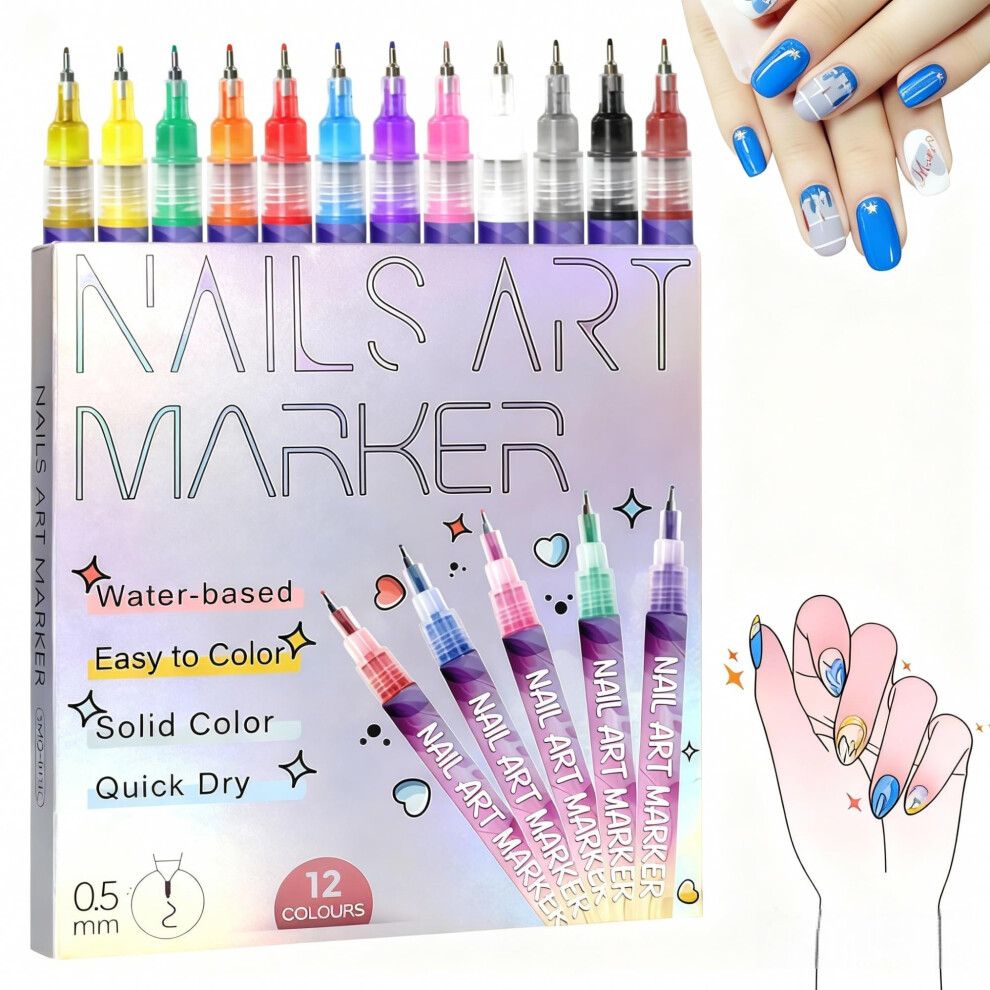 12 Colors Nail Art Pens Set with Precise Fine Tip, Professional Acrylic Markers for Gel Nail Designs