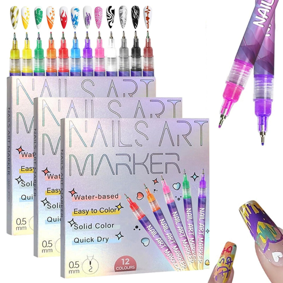 Nail Art Pens Set with Precision Ultrafine Tip, QuickDry Acrylic Ink, 12 Vibrant Colors (3 Sets)